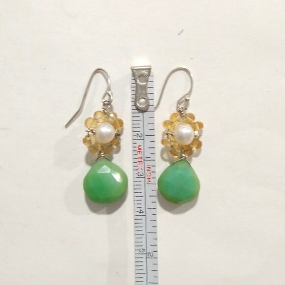 925 Sterling Silver Chrysoprase Dangle Drop Earrings Pearl Beaded Citrine Hook - Picture 6 of 8